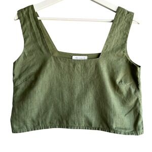 Free The Label Olive Green 100% Linen Square Neck Crop Top Women's XS